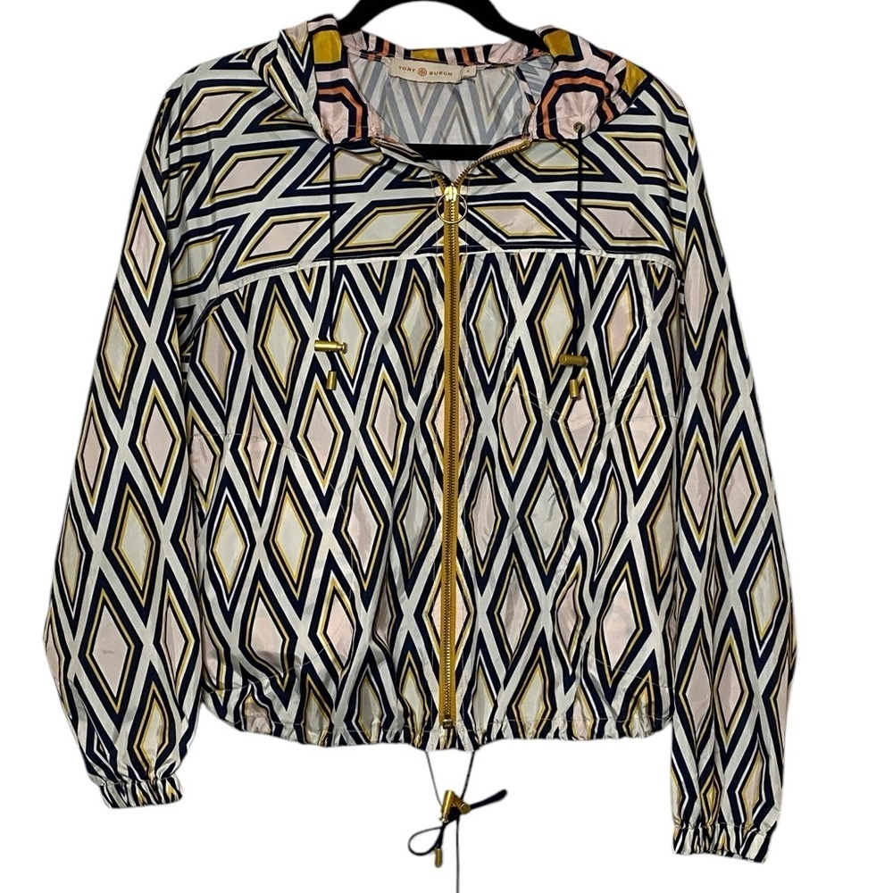 Tory Burch Jacket Size 4 White Navy Yellow Packable Lightweight